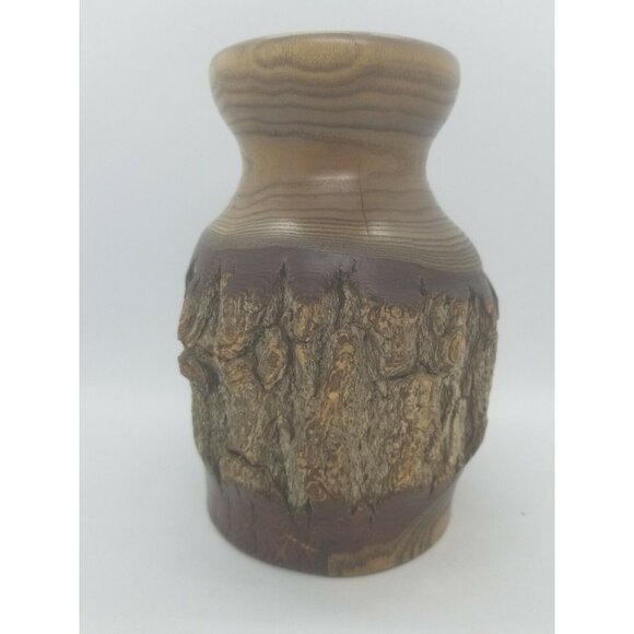 Hand Crafted Lathe Turned Mesquite Wood Vessel with Natural Bark Artist Signed - Picture 3 of 10